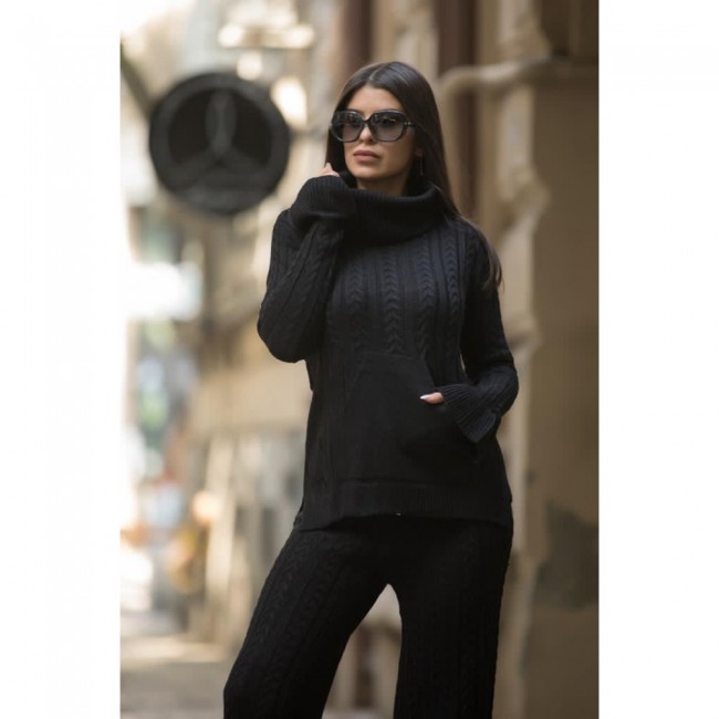 Compleu tricot dama negru cu bluza pe gat si pantalon croi evazat