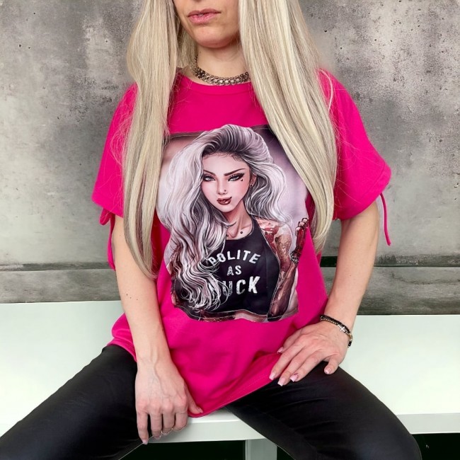 Tricou din bumbac roz imprimeu girl Tricou din bumbac roz imprimeu girl