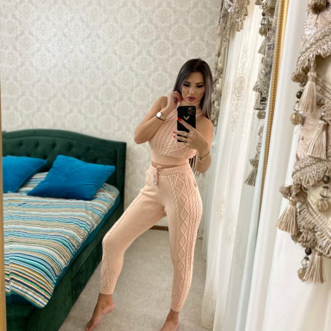 Compleu dama tricotat 4 piese roz pudra