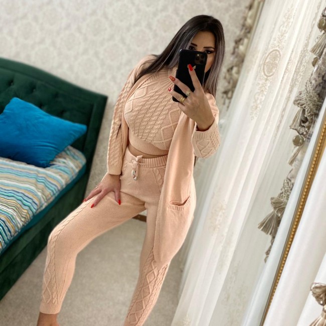 Compleu dama tricotat 4 piese roz pudra