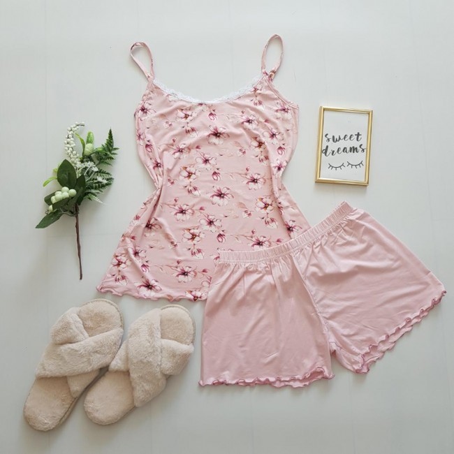 Set pijama dama roz cu floricele