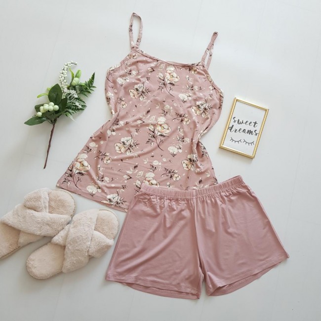 Set pijama dama roz pudra cu floricele