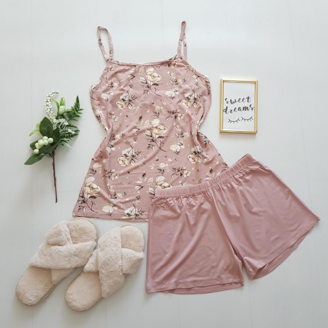 Set pijama dama roz pudra cu floricele