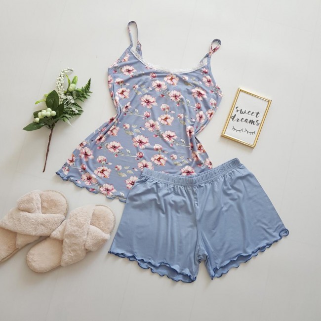 Set pijama dama bleu cu floricele