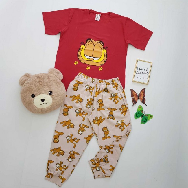 Pijama dama bumbac rosie cu pantaloni trei sferturi 