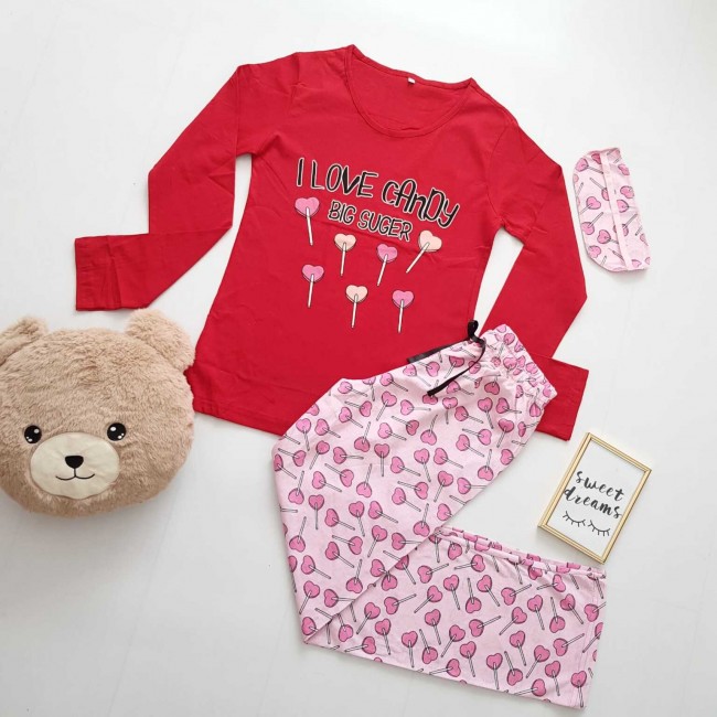 Pijama dama bumbac lunga culoare rosie