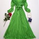 Rochie lunga verde menta cu pliuri si volanase