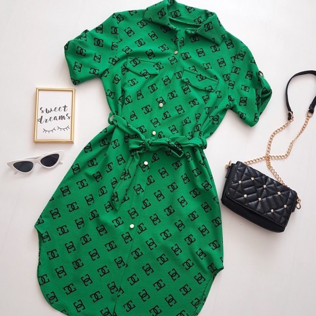 Rochie cu maneca scurta de zi tip camasa de culoare verde cu imprimeu