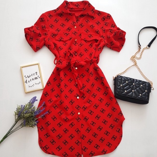 Rochie cu maneca scurta de zi tip camasa de culoare rosie cu imprimeu