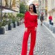 Compleu tricot dama rosu bluza cu anchior si pantalon croi evazat