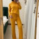 Compleu tricot dama galben cu bluza pe gat si pantalon croi evazat